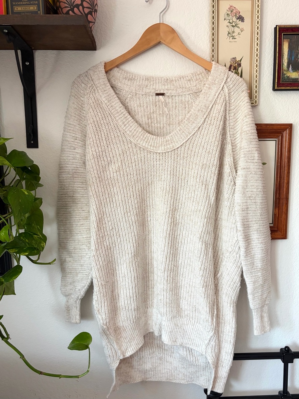 Free People Sunday Scoop Neck Chunky Knit Sweater in Light Heather Cream XS